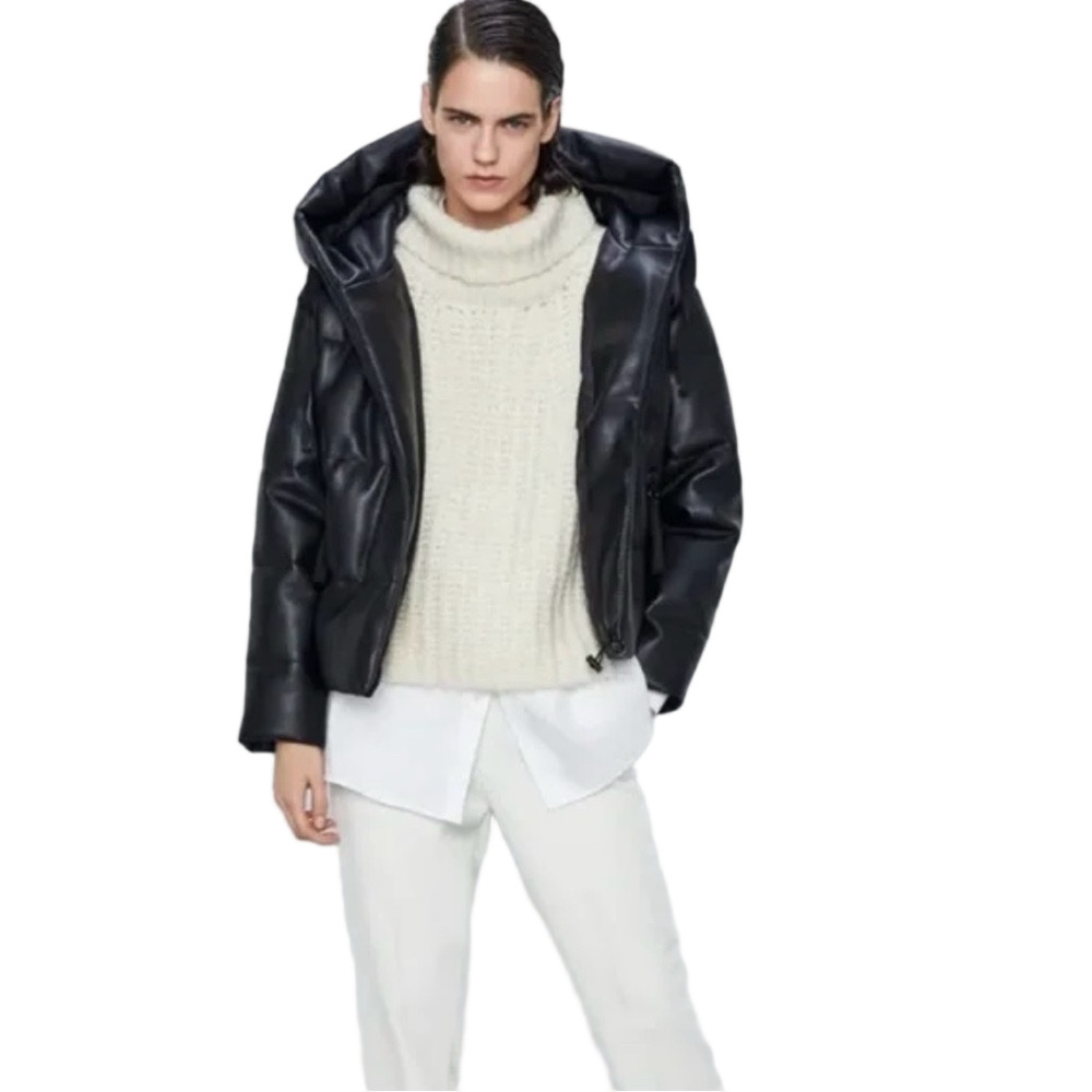 Zara Faux Leather Puffer Hooded Jacket Size XS